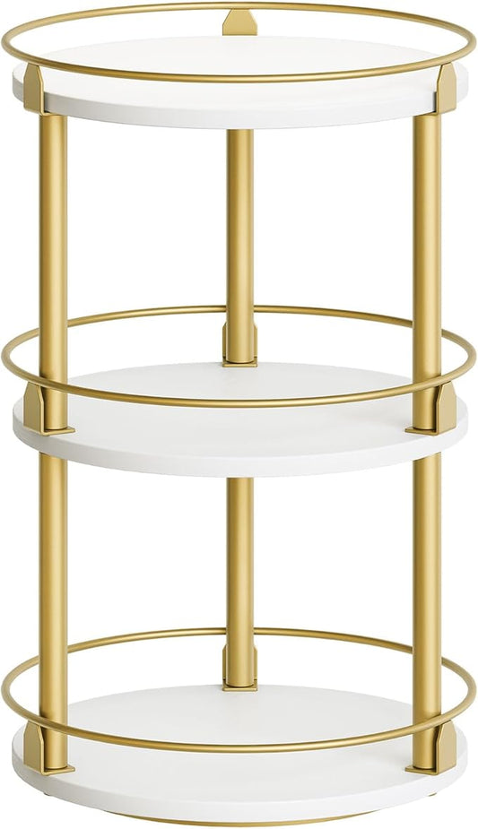 3-Tier Lazy Susan, Rotating Spice Rack, Spinning Organizer, Industrial Turntable Spice Rack for Cabinet, Kitchen Countertop, Pantry, White and Gold SR23DW-CasaMuseHome