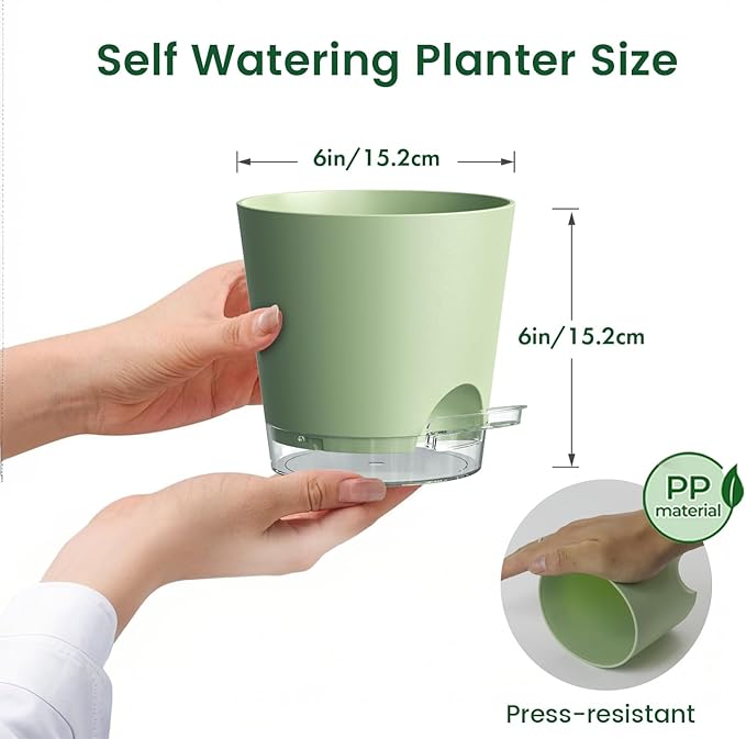 6 inch Self Watering Pots for Indoor Outdoor Plants, 6 Pack Flower Plant Pots with Drainage Holes and Clear Reservoirs, Visible Water Level, Plastic Planters with Wicking Rope, Green-CasaMuseHome