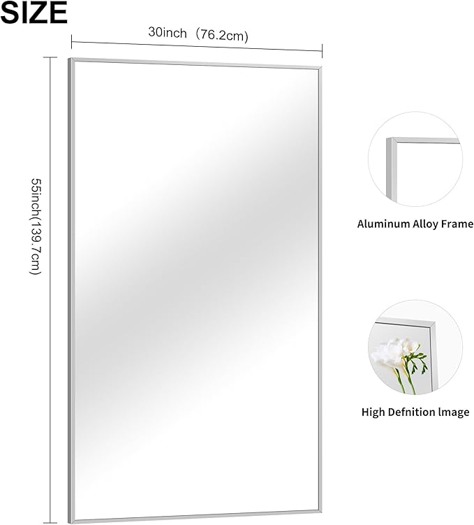 30x55In Silver Bathroom Mirror for Wall, Brushed Nickel Rectangle Mirrors with Metal Frame, Bathroom Rectangular Mirror Modern Wall Mirror for Bedroom Living Room, Hangs Horizontal or Vertical-CasaMuseHome