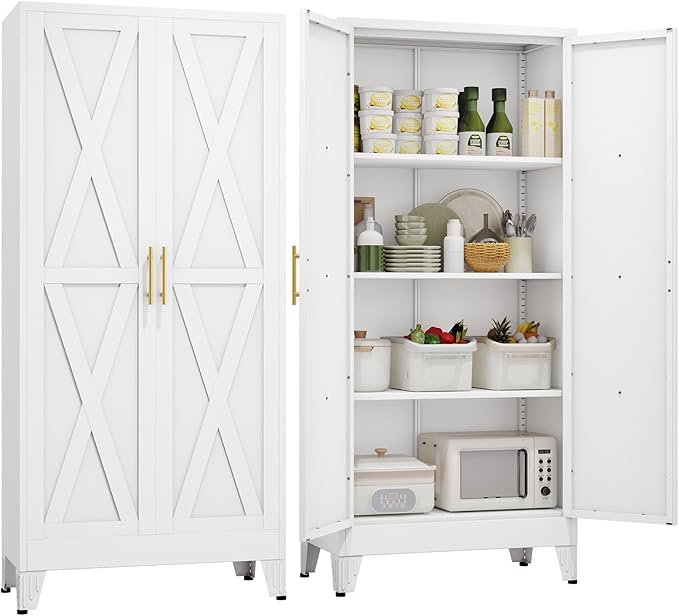 61" H Metal Kitchen Pantry Storage Cabinet, Freestanding Cupboard with 2 Doors and 3 Adjustable Shelves, Standing Storage for Kitchen, Bathroom, Garage, Dinning Room or Utility Room（White）-CasaMuseHome