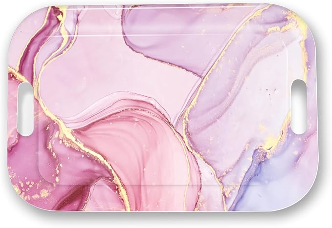 Serving Trays with Handles, 14.5 x 9.8 inch Rectangular Plastic Tray for Restaurant, Kitchen, Painting of Pink and Gold Marble-CasaMuseHome