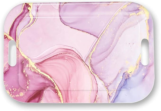 Serving Trays with Handles, 14.5 x 9.8 inch Rectangular Plastic Tray for Restaurant, Kitchen, Painting of Pink and Gold Marble-CasaMuseHome