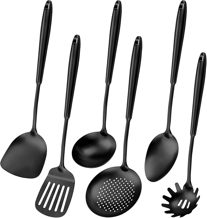 304 Stainless Steel Cooking Utensils,6 Pcs Kitchen Cooking Utensils Set with Spatula, Solid Spoon, Ladle, Skimmer, Spaghetti Spoon,Dishwasher Safe(Black)-CasaMuseHome