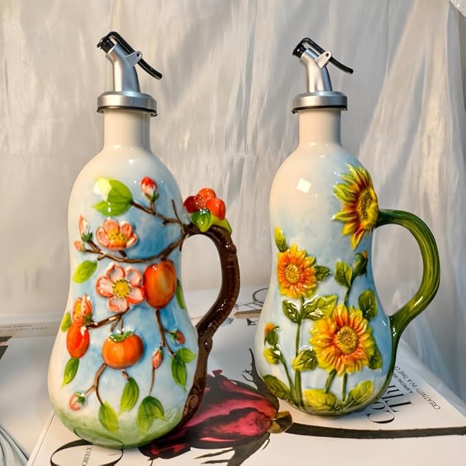 18.26oz/540ml Ceramics Olive Oil Dispenser Bottle,Hand Painted Reliefs Oil Dispenser for Kitchen,Oil Bottles for Kitchen (Sunflower)-CasaMuseHome