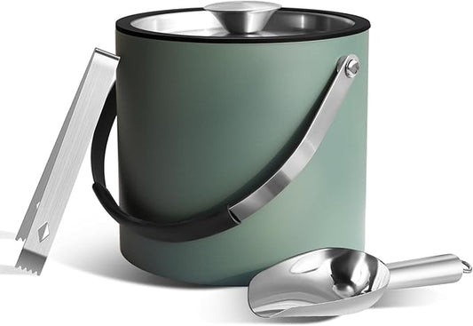 3L Ice Bucket with Silicone Lid, Scoop, Tongs & Strainer, Stainless Steel Double Wall Insulated Ice Buckets for Parties & Cocktail Bar, Outdoor Champagne Ice Container Bin, Dusty Green-CasaMuseHome