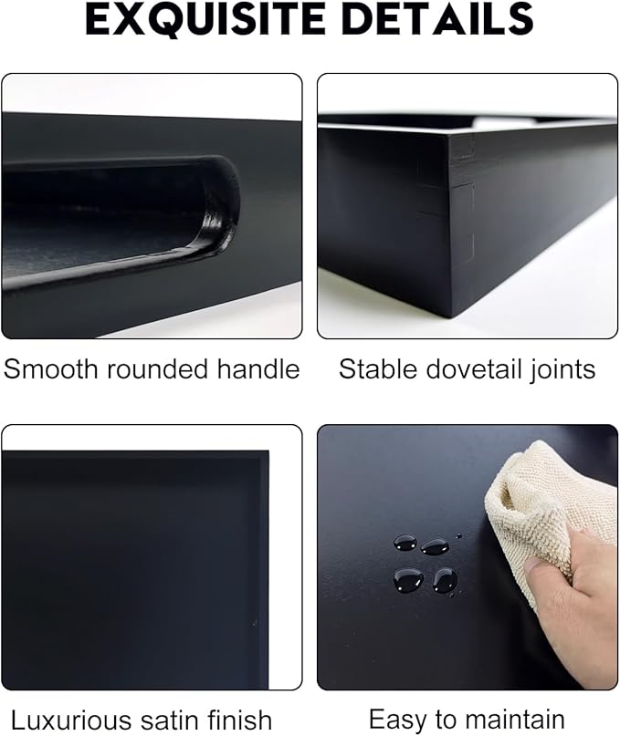 22 Inches Square Wood Ottoman Tray Black, Extra Large Wooden Serving Tray with Handles for Living Room, Serving Food Breakfast, Ottoman Coffee Table Couch Sofa Kitchen-CasaMuseHome