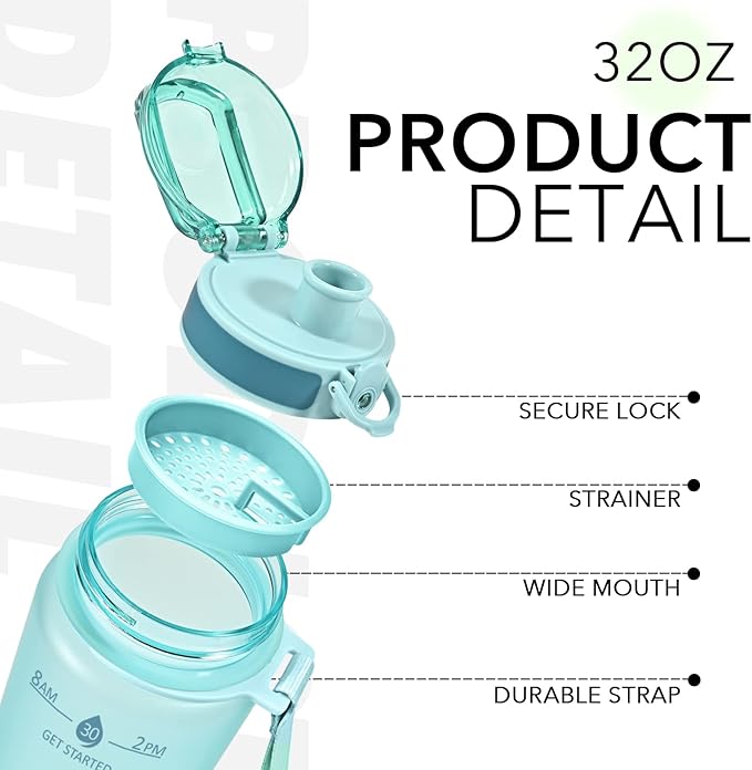 32oz Motivational Water Bottles with Time Marker & Fruit Strainer, Transparent Gradient Color Water Bottle with Times to Drink, Leakproof & BPA Free, Reusable Bottle with Strap (No Straw)-CasaMuseHome