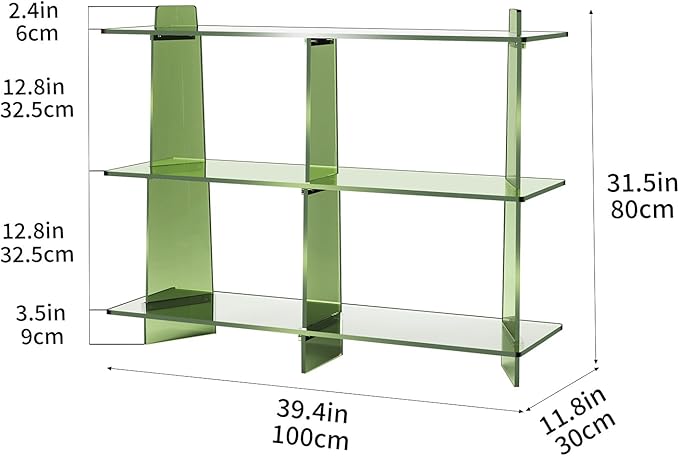 Acrylic Bookshelf, Small 3 Tier Open Bookcase for Small Spaces,Sofa Table, Hallway Entry Table for Home Living Room (Green, 39.4'' x 11.8'' x 31.5'')-CasaMuseHome