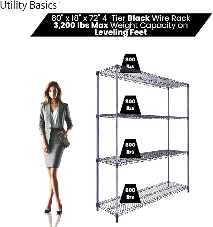 60"x18"x72" Black Premium Metal Steel Wire Shelving 4-Tier NSF 3200 LBS MAX Capacity Heavy Duty Storage Rack for Garages, Commercial Spaces, Hospitals, & Schools w/Premium Wheels-CasaMuseHome