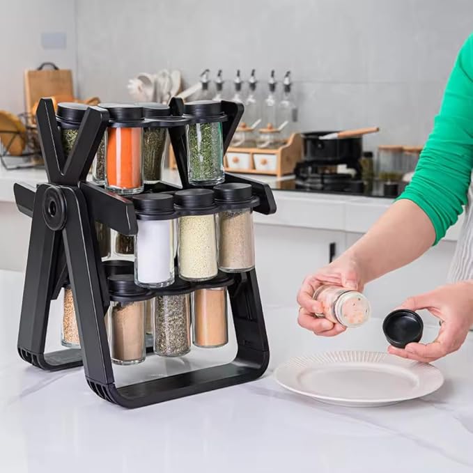A&K's Rotating Spice Rack Organizer, 18 Glass Jars, 360-Degree Turntable, Black, Comes with Spice Label Stickers, Funnel, and Water Pen. Best for Kitchen Organization, Countertop, Pantry, and Cabinet.-CasaMuseHome