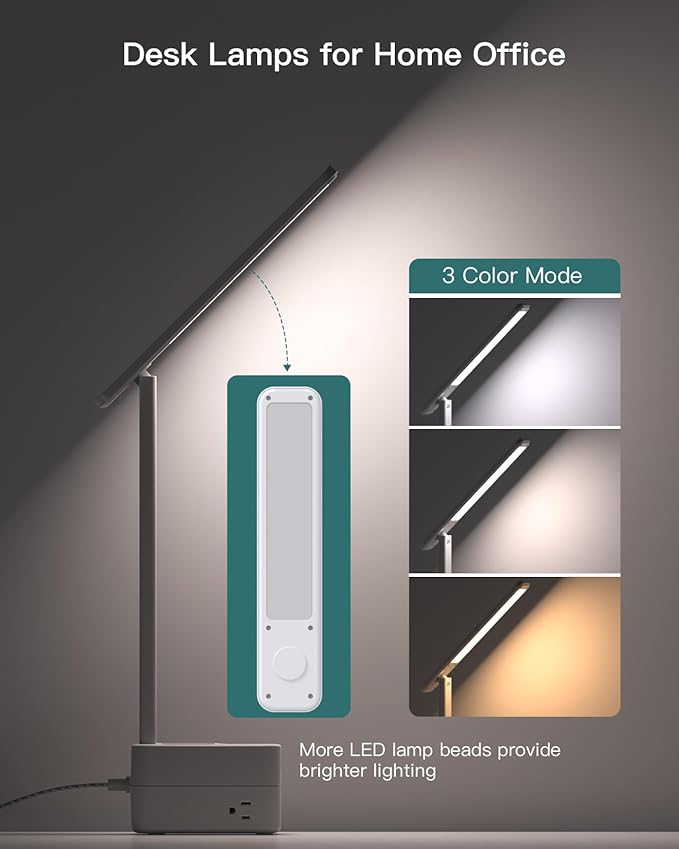 Addtam LED Desk Lamp with Pen Holder, Study Lamps with 3 Outlets 4 USB Charging Ports(2 USBC), 3 Color Modes Desk Light Touch Lamp, Small Desk Lamps for Home Office College Dorm Room Essentials-CasaMuseHome