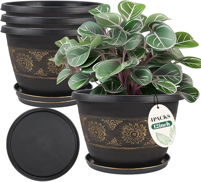 4 Pack 12 inch Plant Pots, Retro Pattern Planters with Drainage Holes and Saucer, Sturdy Plastic Garden Flower Pots for Indoor & Outdoor Plants-CasaMuseHome