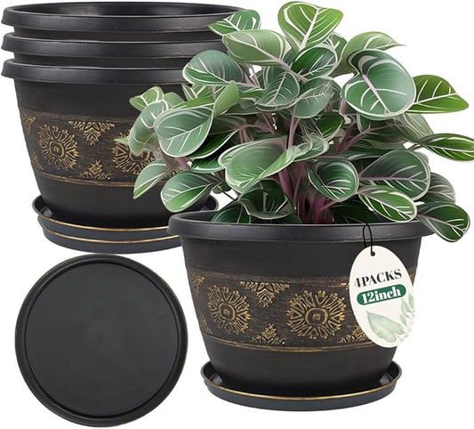 4 Pack 12 inch Plant Pots, Retro Pattern Planters with Drainage Holes and Saucer, Sturdy Plastic Garden Flower Pots for Indoor & Outdoor Plants-CasaMuseHome