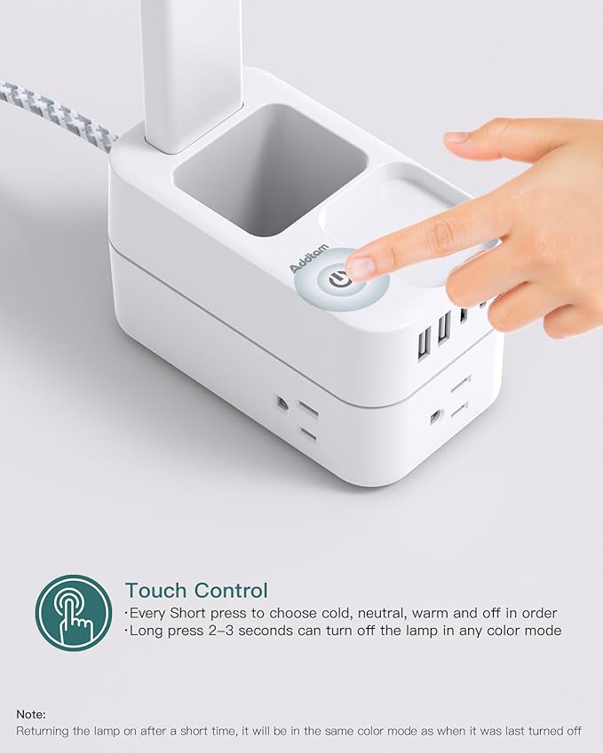 Addtam LED Desk Lamp with Pen Holder, Study Lamps with 3 Outlets 4 USB Charging Ports(2 USBC), 3 Color Modes Desk Light Touch Lamp, Small Desk Lamps for Home Office College Dorm Room Essentials-CasaMuseHome