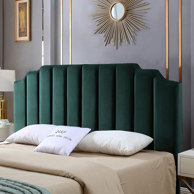 24KF Jade Velvet Tufted King Upholstered Headboard, Modern Vertical Channel Design California King Headboard with Stepped Silhouette Top Edge,Jade-CasaMuseHome