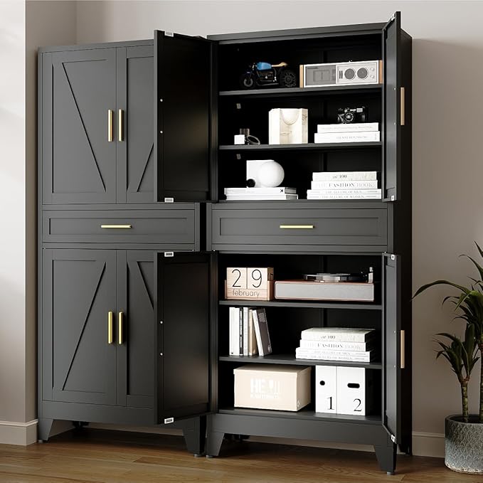 71 "Farmhouse Metal Filing Cabinet with a Drawer and 4 Adjustable Shelves, with 4 Large barn Door White Kitchen Cabinets, Metal Food Cabinets for Home, Kitchen, Dining/Living Room (Black)-CasaMuseHome