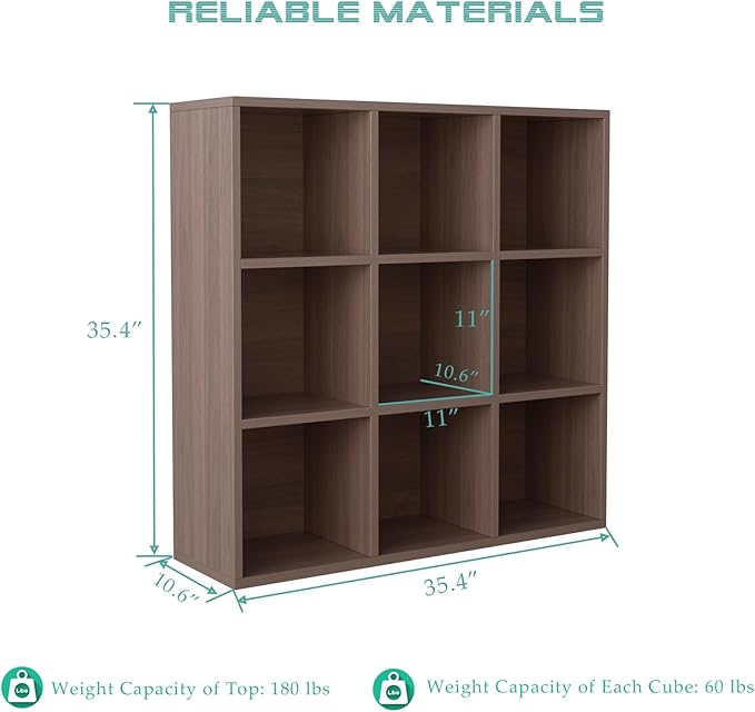 9-Cube Storage Shelf Bookcase - Wooden 3-Tier Floor Standing Open Bookshelf for Home and Office, Cuby Orgainzer, Walnut-CasaMuseHome