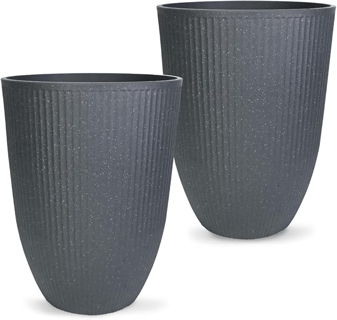 2 Pcs Pack 15 Inches Heavy Duty Plastic Resin Tall Tapered Planter Pots Large Round Planter Flower Pot with Drainage Hole for Indoor Outdoor Deck Porch Garden Home Patio Front Door (Dark grey, S)-CasaMuseHome