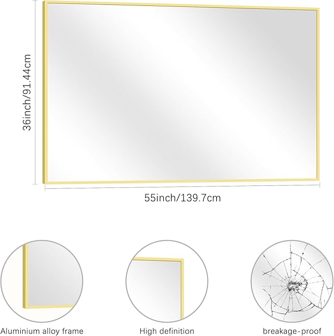 36x55inch Bathroom Mirror, Gold Rectangle Mirror with Thin Metal Frame, Large Rectangular Wall Mirror for Bathroom, Living Room, Hair Salon, Big Farmhouse Mirror Hang Horizontal/Vertical-CasaMuseHome