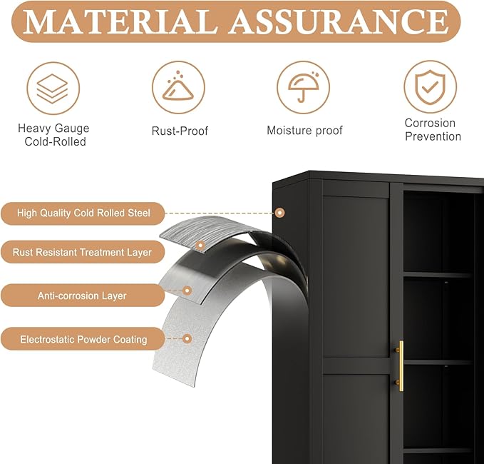 51" H Metal Kitchen Pantry Storage Cabinet, Freestanding Cupboard Storage Cabinet with Doors and Adjustable Shelves, Large Stand Up Food Cupboard for Living Room, Dinning Room, Black-CasaMuseHome