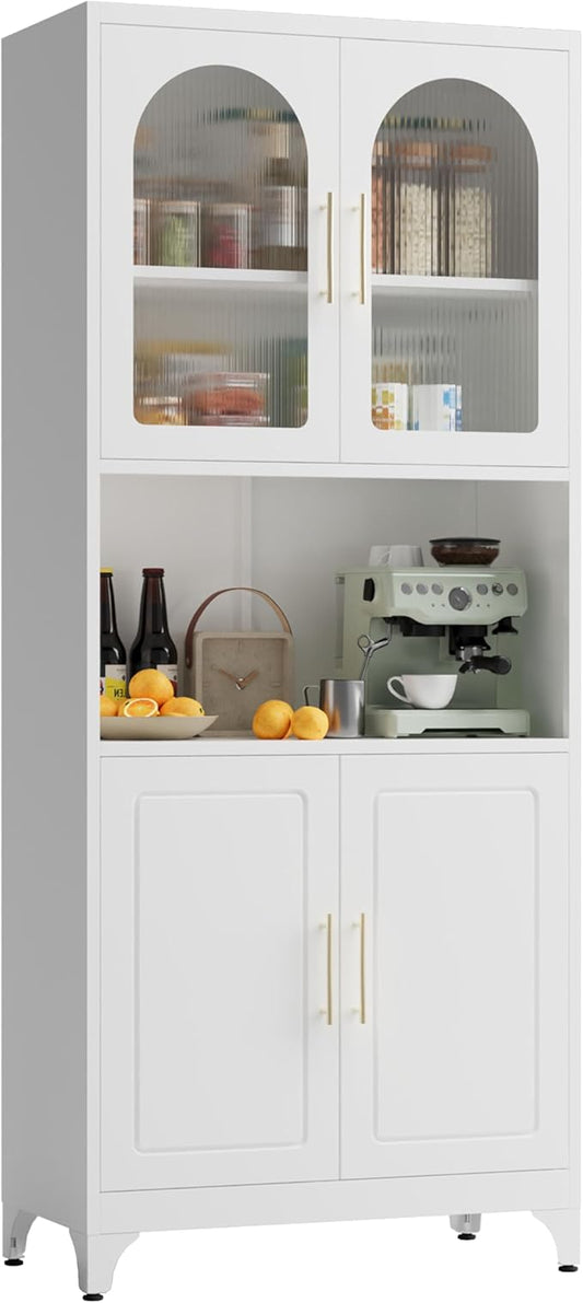 75" Tall Kitchen Pantry Cabinet, Metal Storage Cabinets with Acrylic Doors and Adjustable Shelves, Hutch Cabinet with Storage, White Microwave Stand Cabinets for Dining Living Room-CasaMuseHome