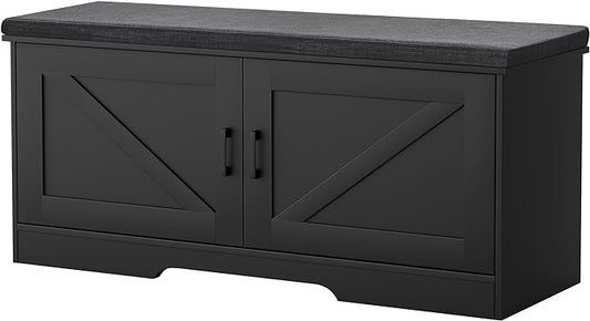2-Tier Storage Bench, Shoe Bench with Padded Seat Cushion, Entryway Bench with 2 Barn Doors, Adjustable Shelf, 13.8" D x 39.4" W x 17.7" H, for Entryway, Living Room, Bedroom, Black-CasaMuseHome