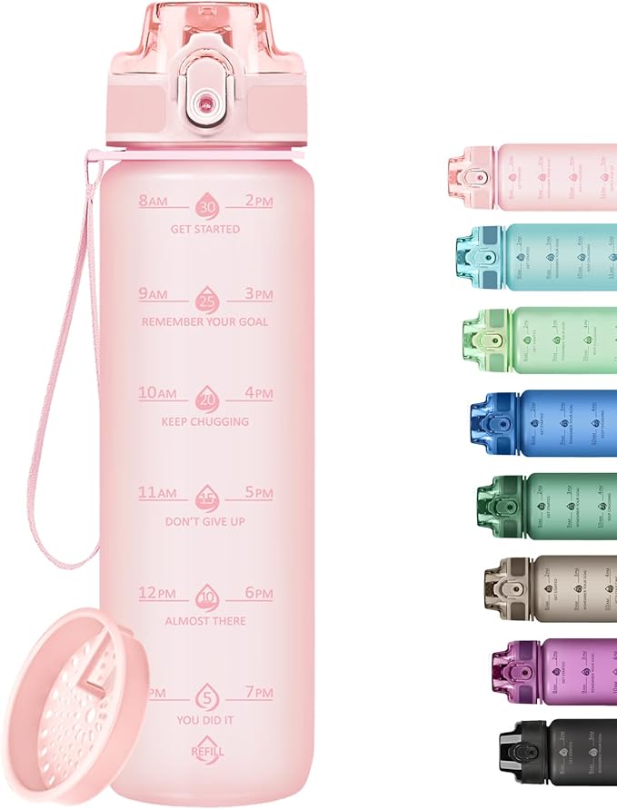 32oz Motivational Water Bottles with Time Marker & Fruit Strainer, Transparent Gradient Color Water Bottle with Times to Drink, Leakproof & BPA Free, Reusable Bottle with Strap (No Straw)-CasaMuseHome