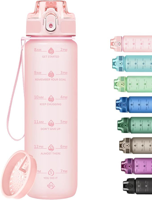 32oz Motivational Water Bottles with Time Marker & Fruit Strainer, Transparent Gradient Color Water Bottle with Times to Drink, Leakproof & BPA Free, Reusable Bottle with Strap (No Straw)-CasaMuseHome