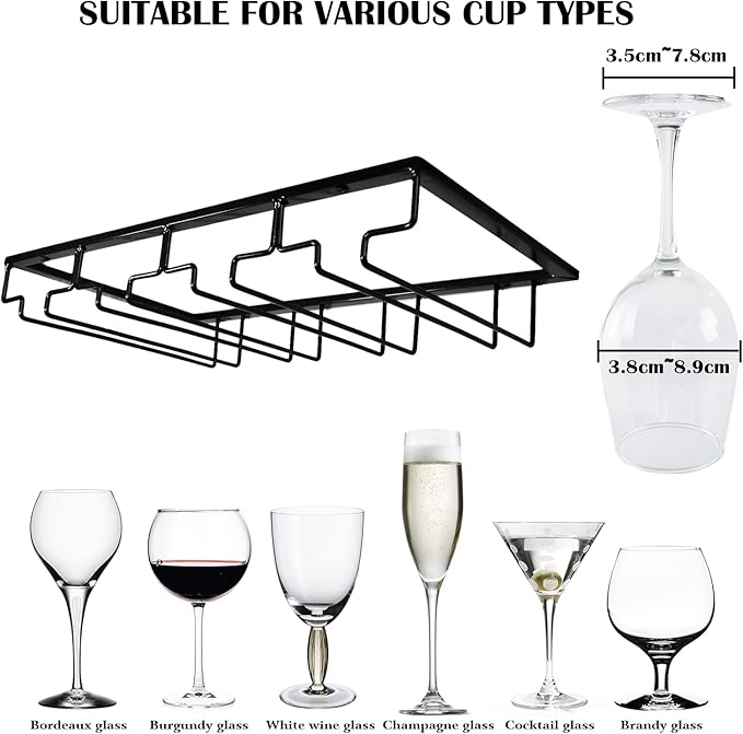 4 Rows Wine Glass Rack Under Cabinet Hanging Stemware Wine Glass Holder Under Shelf Wire Wine Glasses Racks Hanger for Bar, Kitchen (1, 4 Rows)-CasaMuseHome