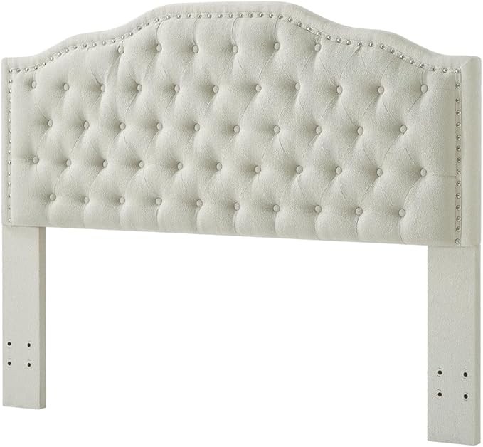 24KF Upholstered Button Tufted Queen Headboard with Nailhead Trim, Elegant Boucle Fabric Full headboard, 6031-Q-Boucle-Beige-CasaMuseHome