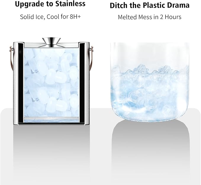 3L Double Wall Ice Bucket with Silicone Lid, Tongs & Scoop Insulated Ice Buckets for Parties & Cocktail Bar,[Silicone Lid for Longer Ice] Large Wine Bar Bucket Stainless Champagne Chiller-CasaMuseHome