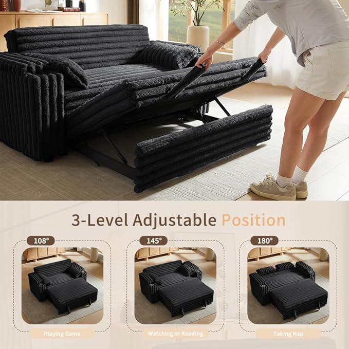 68.11" Corduroy Convertible Sofa Bed with USB Charging Port, Foldable Sleeper Chair with Pillows & Armrests, 3-in-1 Floor Couch for Living Room, Bedroom, Guest Room – Black-CasaMuseHome