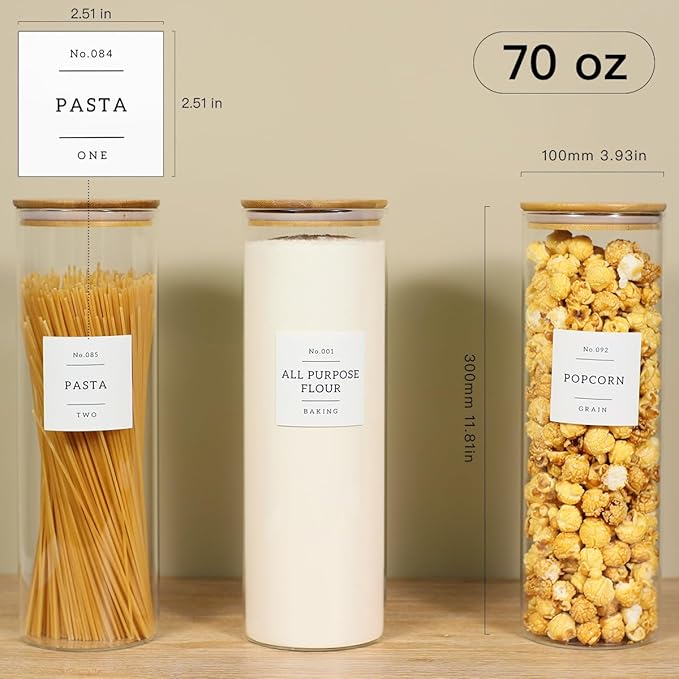 3 Pack Glass Jar with Airtight Bamboo Lid and White 132 Kichen Pantry Labels Preprinted - 70 Oz Clear Tall Glass Food Storage Containers set For Noodles Pasta Spaghetti-CasaMuseHome
