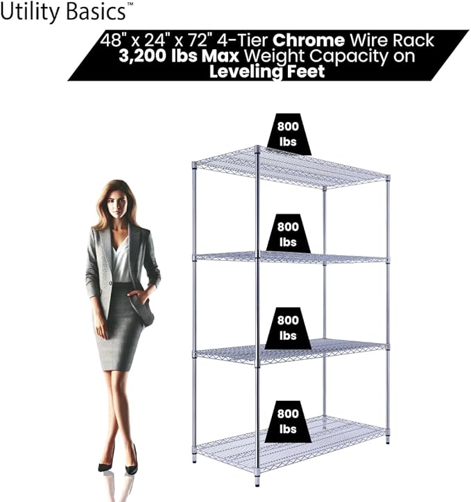 48"x24"x72" Chrome Premium Metal Steel Wire Shelving 4-Tier NSF 3200 LBS MAX Capacity Heavy Duty Storage Rack for Garages, Commercial Spaces, Hospitals, & Schools w/Premium Wheels-CasaMuseHome