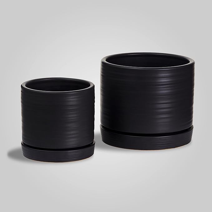 6 + 8 Inch Plant Pots, Ceramic Planter Pot with Drainage Hole & Saucer, Indoor/Outdoor Cylinder Round Planter Pot, Matte Black-CasaMuseHome