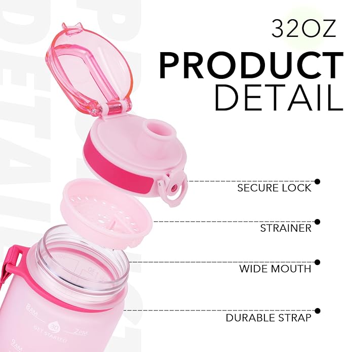 32oz Motivational Water Bottles with Time Marker & Fruit Strainer, Transparent Gradient Color Water Bottle with Times to Drink, Leakproof & BPA Free, Reusable Bottle with Strap (No Straw)-CasaMuseHome