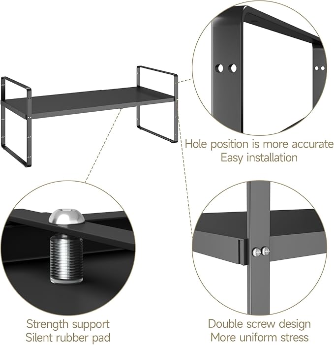 16.5~27.1" Expandable Shelf Organizer, 2Pack 8.1" Wide Stackable Cabinet Shelf Organizers, Black Metal Sturdy Kitchen Counter Storage for Countertop, Adjustable Height Spice Rack-CasaMuseHome
