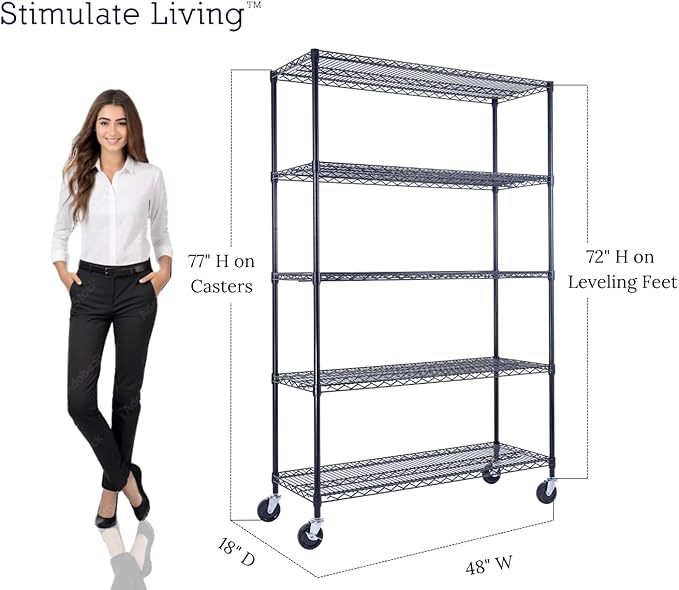 48"x18"x72" PRIME HEAVY DUTY Black 5-Tier Wire Shelving NSF 4000 LBS MAX Capacity Storage Rack for Commercial, School, Home, Garage, Warehouse, Industrial, and Hospital Uses (with Wheels)-CasaMuseHome