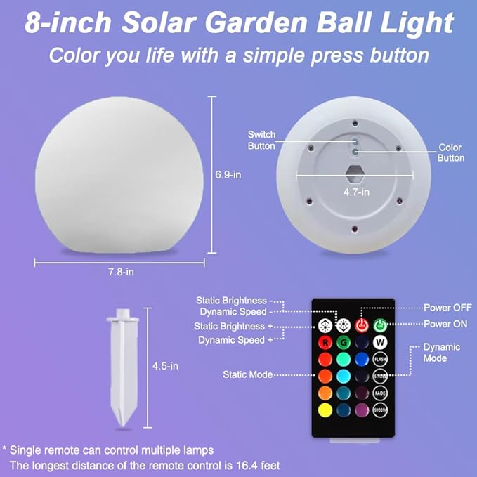 8-in Solar Globe Light Outdoor, Waterproof Solar Ball Light for Outside w/Remote, 16 RGB Color Changing Glowing Orb Lamp Landscape Lighting Mood Lamp w/Ground Stake for Garden Patio Yard Pathway Decor-CasaMuseHome
