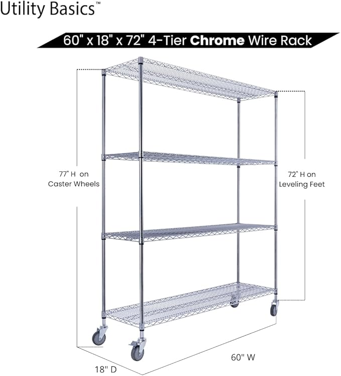 60"x18"x72" Chrome Premium Metal Steel Wire Shelving 4-Tier NSF 3200 LBS MAX Capacity Heavy Duty Storage Rack for Garages, Commercial Spaces, Hospitals, & Schools w/Premium Wheels-CasaMuseHome