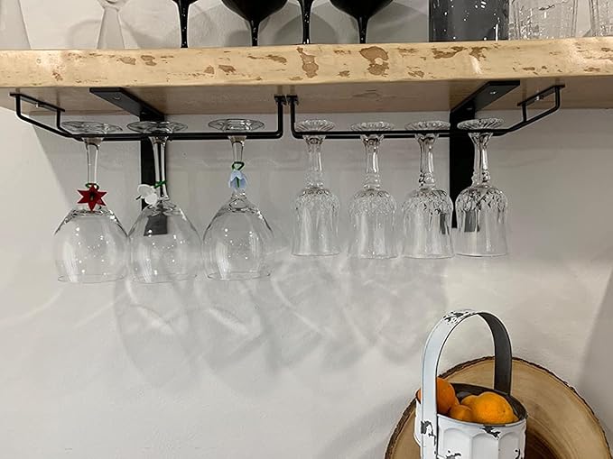 14-Inch Black Wine Glass Rack, Under Cabinet Wine Glass Holder, Stemware Rack, Hanging Stemware Holder, Set of 2-CasaMuseHome