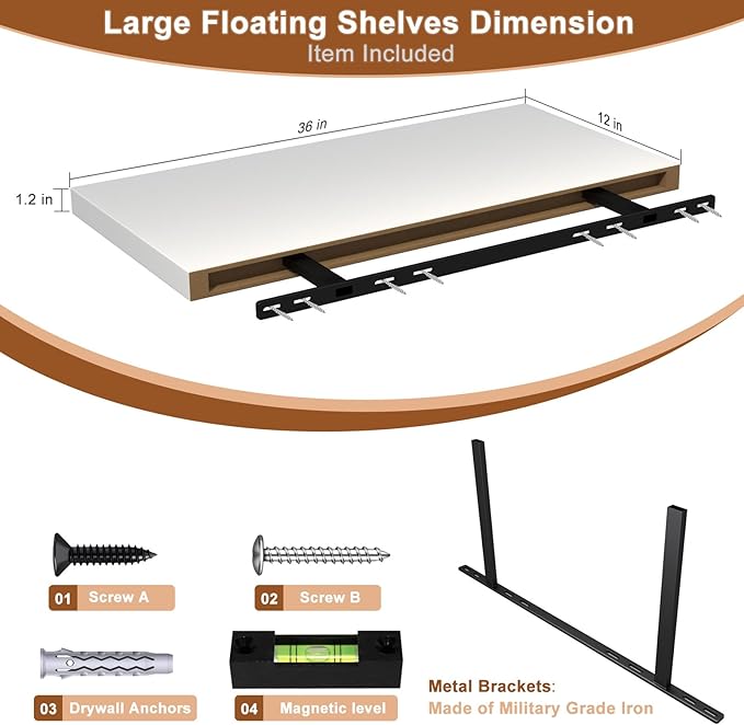 12 Inch Deep Floating Shelves for Wall 1 Pack White Floating Shelves Large Storage Space Wall Mount Shelf for Living Room Kitchen Bathroom 36" W x 12" D x 1.2" H White-CasaMuseHome