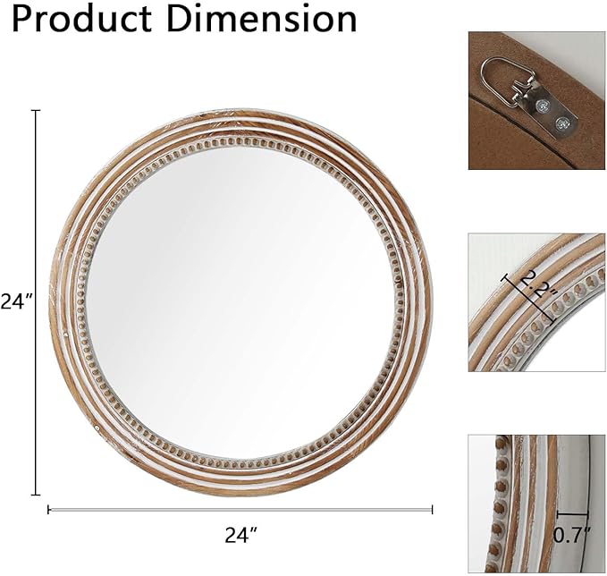 24 Inch Rustic Round Mirror - Farmhouse Vintage Bathroom Vanity Mirror, Wall-Mounted Round Mirrors for Bathroom Sink, Bedroom & Living Room and Framed Decorative Restroom Mirror-CasaMuseHome