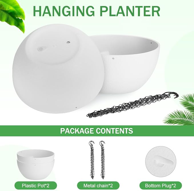 13 inch Hanging Planters for Indoor Plants, 2 Pack Planters for Outdoor Plants with Drainage Holes and Chain, Round Plastic Hanging Baskets, Hanging Flower Pots for Balcony Garden Decor-White-CasaMuseHome