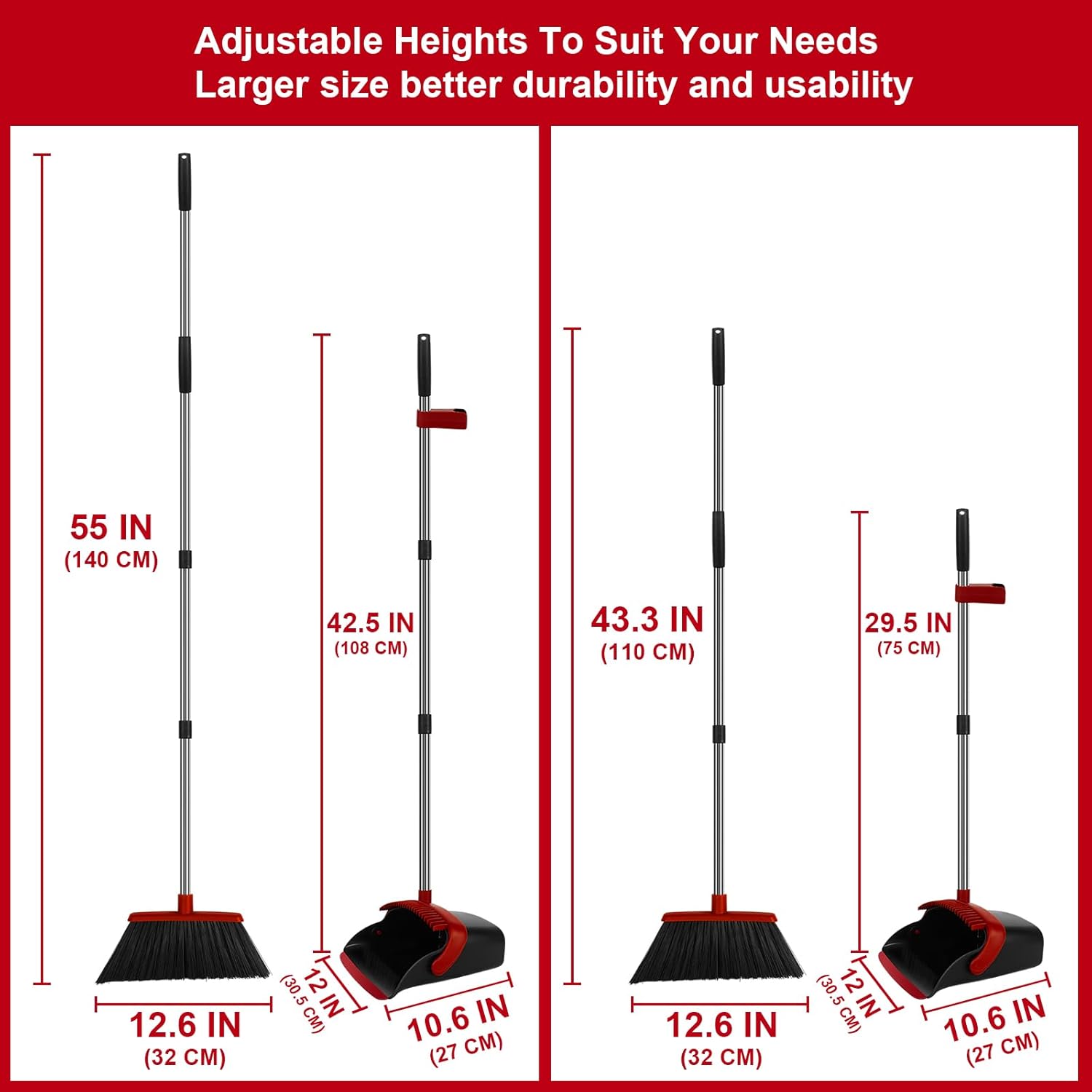 Broom and Dustpan Set, Large Household Broom with Dustpan Combo Set, 55 Inch Long Handle, Red Dust Pan Combo Set for Home