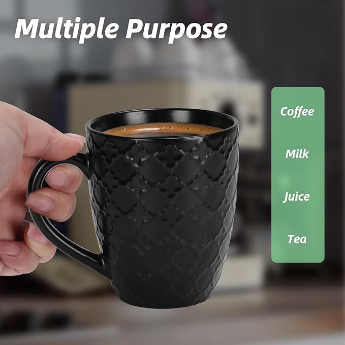 16 OZ Bone Coffee Mugs Set of 6 Matte Black, Large Ceramic Coffee Mugs Set with Different Texture Patterns, Porcelain Cups with Handle for Espresso Latte Tea Milk-CasaMuseHome