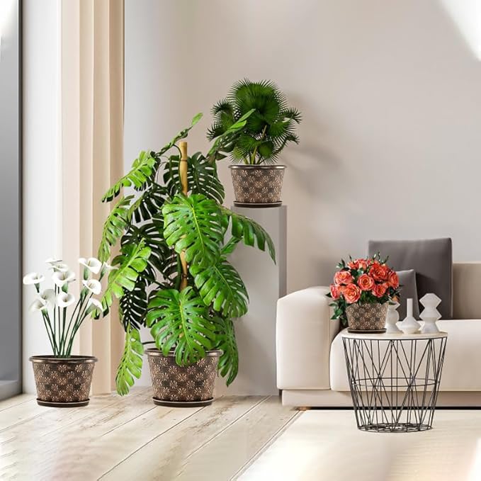 16 Inch Planter Pots for Plants, Plastic Large Flower Pots Indoor Outdoor, 4 Pack Resin Plant Pot with Drainage & Saucer, Retro Decorative Garden Pot with Removable Trays for House-CasaMuseHome