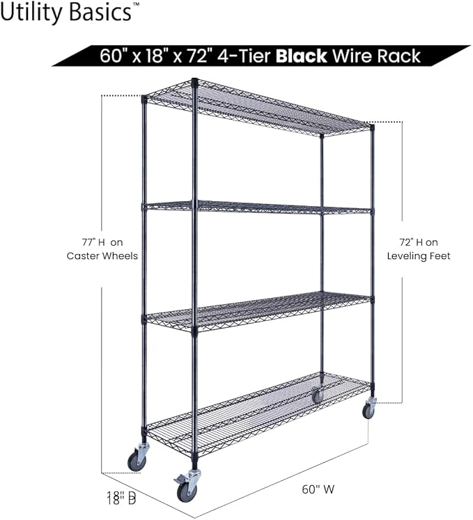60"x18"x72" Black Premium Metal Steel Wire Shelving 4-Tier NSF 3200 LBS MAX Capacity Heavy Duty Storage Rack for Garages, Commercial Spaces, Hospitals, & Schools w/Premium Wheels-CasaMuseHome