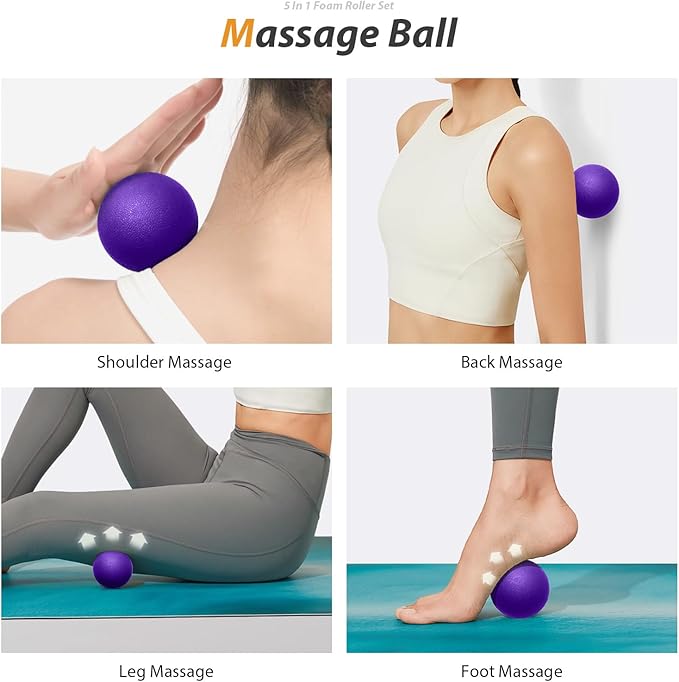 5 in 1 Foam Roller Set for Deep Tissue Muscle Massage, High Density Trigger Point Fitness Patented Exercise Foam Roller, Massage Roller, Massage Ball, Resistance Band, for Whole Body(Purple)-CasaMuseHome