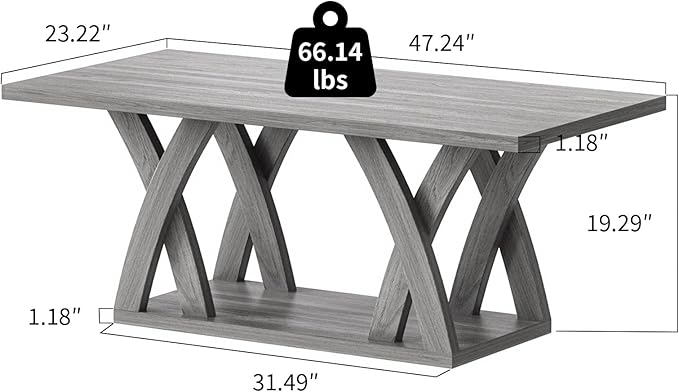 47” Wood Coffee Tables for Living Room Rustic Stands with Storage Shelf Grey Coffee Tables for Living Room Farmhouse Center Stands with Shelf Farmhouse Rectangle Center Table-CasaMuseHome